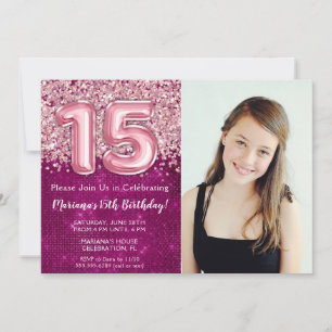 Invitation Photo Magenta Parties scintillant rose 15ème anniv