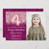 Invitation Photo Magenta Pink Parties scintillant 4e annivers (Devant / Derrière)