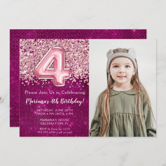 Invitation Photo Magenta Pink Parties scintillant 4e annivers (Devant / Derrière)