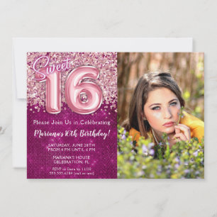 Invitation Photo Magenta Pink Sweet 16e fête d'anniversaire