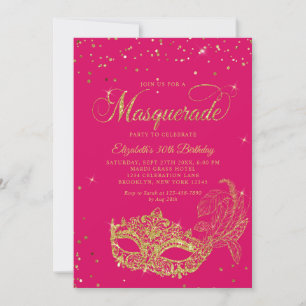 Invitation Photo Magenta Rose Doré Mascarade Anniversaire