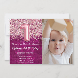 Invitation Photo Magenta Rose Pailleté 1er Anniversaire