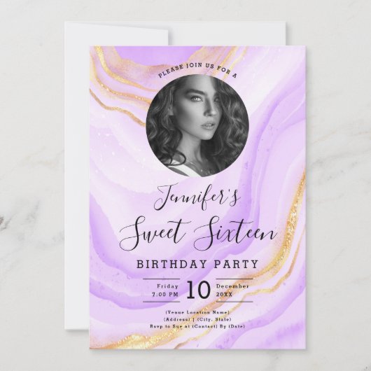 Invitation PHOTO Marbre violet Parties scintillant Douce 16 P (Devant)