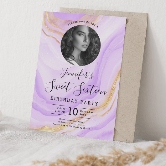 Invitation PHOTO Marbre violet Parties scintillant Douce 16 P
