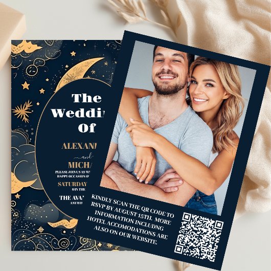 Invitation Photo Mariage Céleste Bleu Minuit Or