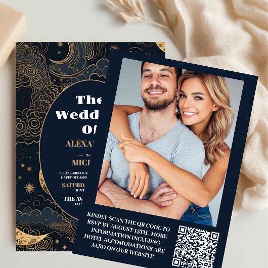 Invitation Photo Mariage céleste d'or bleu nuit