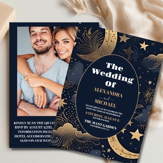 Invitation Photo Mariage céleste d'or bleu nuit