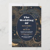 Invitation Photo Mariage céleste d'or bleu nuit (Devant)