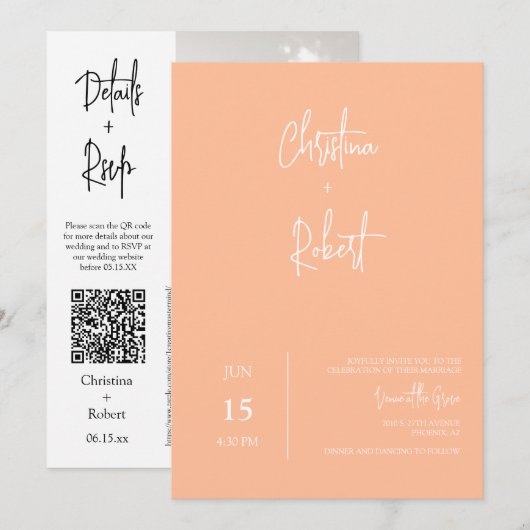 Invitation Photo Mariage de la pêche moderne Boho QR Code RSV (Devant / Derrière)