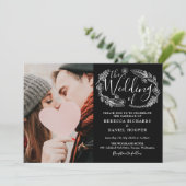 Invitation Photo Mariage du script de feuillage noir et blanc (Debout devant)