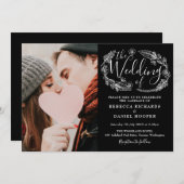 Invitation Photo Mariage du script de feuillage noir et blanc (Devant / Derrière)