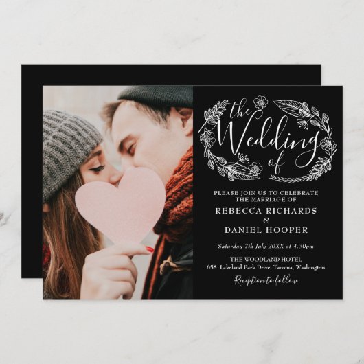 Invitation Photo Mariage du script de feuillage noir et blanc (Devant / Derrière)