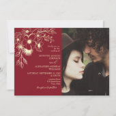 Invitation photo Mariage Floral Rouge et Or (Devant)