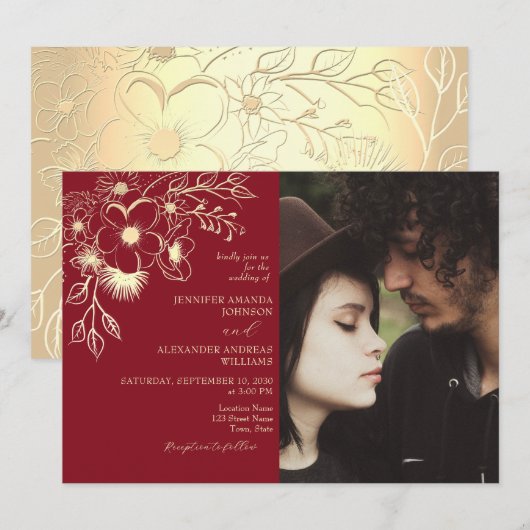 Invitation photo Mariage Floral Rouge et Or (Devant / Derrière)