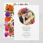 Invitation Photo Mariage floral violet et orange (Devant / Derrière)