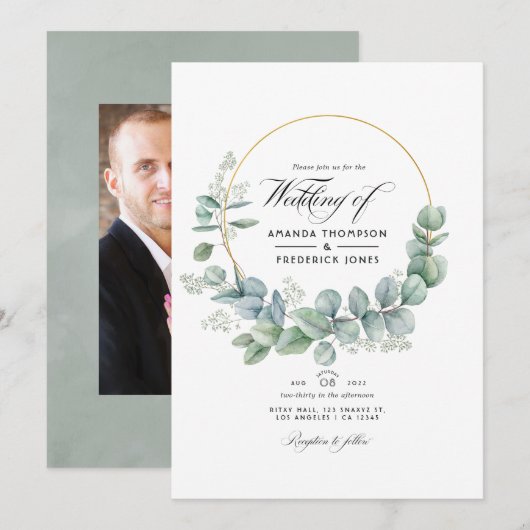Invitation Photo Mariage géométrique Eucalyptus de la taille (Devant / Derrière)