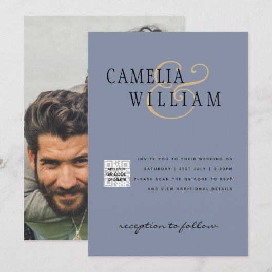 Invitation PHOTO Mariage Inviter QR Code Enregistrer Date BLU (Devant / Derrière)