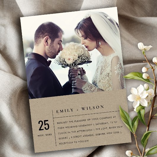 INVITATION PHOTO MARIAGE MODERNE DE TYPOGRAPHIE DE KRAFT RUST