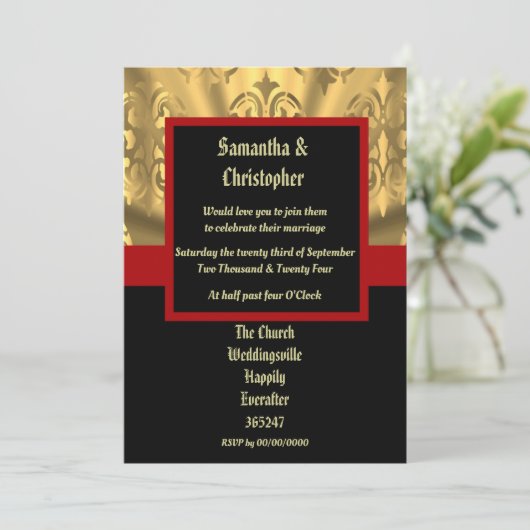 Invitation photo mariage noir rouge et or (Debout devant)