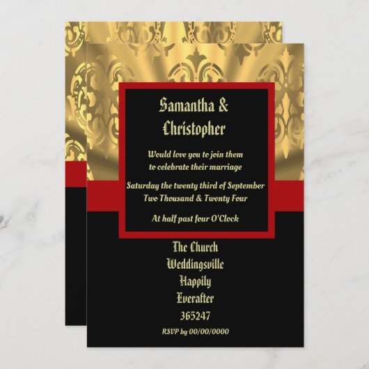 Invitation photo mariage noir rouge et or (Devant / Derrière)