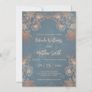 Invitation Photo Mariage Or Cuivre Bleu Poussiéreux