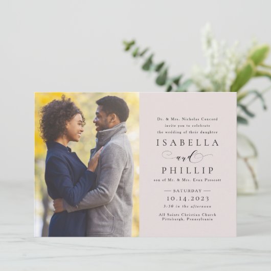 Invitation Photo mariage rose pâle élégant (Debout devant)