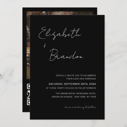 Invitation Photo Mariage RSVP de code QR noir et blanc délica (Devant / Derrière)