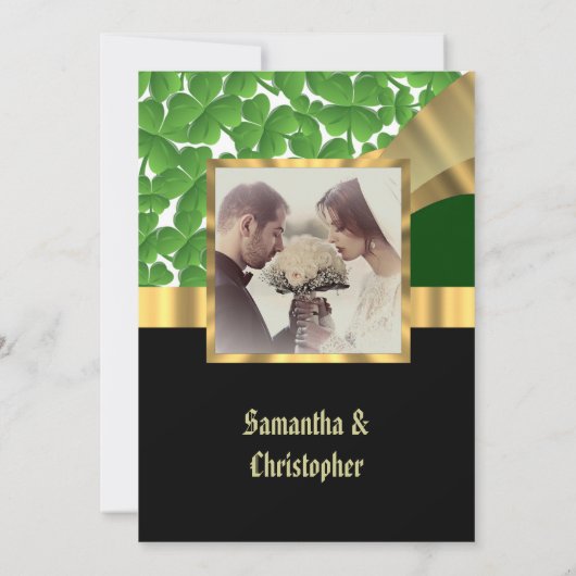 Invitation photo mariage vert et or (Dos)