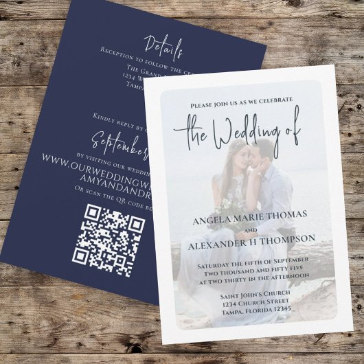 Invitation Photo marine Blue Elegant Code QR Mariage RSVP
