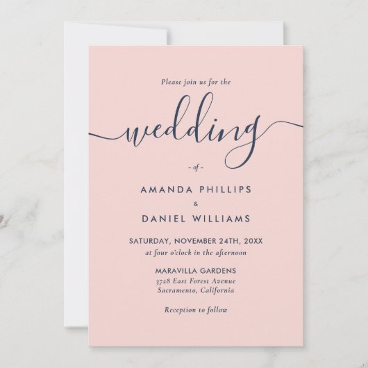 Invitation Photo Marine Blue et Blush Modern Script Mariage (Devant)