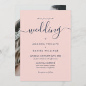 Invitation Photo Marine Blue et Blush Modern Script Mariage (Devant / Derrière)
