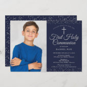 Invitation Photo Marine Blue Silver Première Sainte Communion (Devant / Derrière)