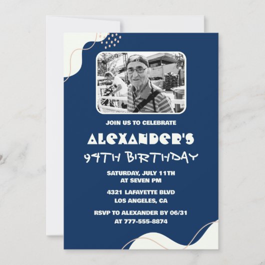 Invitation Photo Marine Blue White Men 94e anniversaire (Devant)