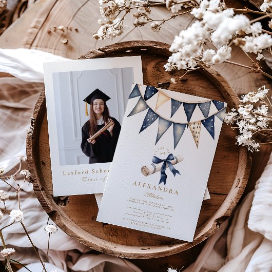 Invitation Photo Marine Gold Floral Graduation