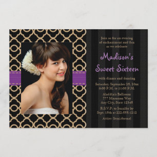 Invitation Photo marocaine de sweet sixteen d'or noir pourpre