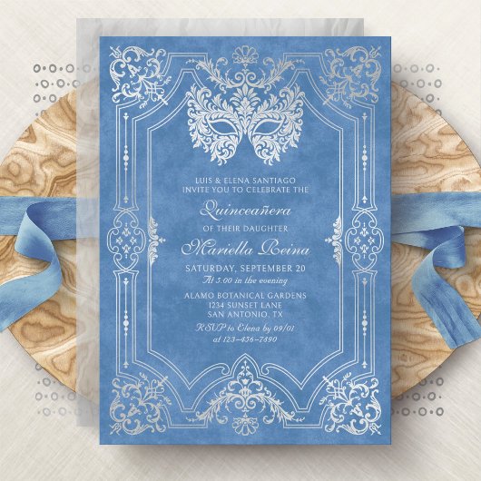 Invitation Photo Mascarade en argent bleu Quinceanera