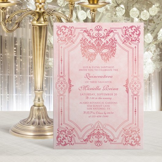Invitation Photo Mascarade en or rose Quinceanera
