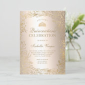 Invitation Photo métallique à fleurs d'or Tiara chic Quinceañ (Debout devant)