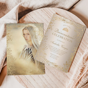 Invitation Photo métallique à fleurs d'or Tiara chic Quinceañ