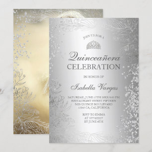 Invitation Photo métallique florale d'argent Tiara Quinceañer