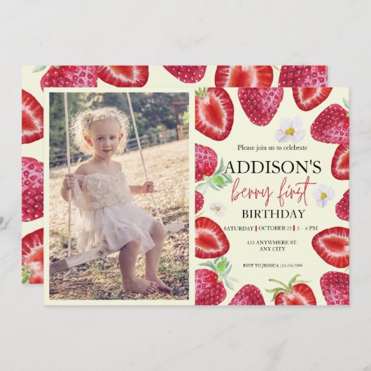 Invitation Photo mignonne Rouge Bleu Berry Sweet 1er annivers (Devant / Derrière)