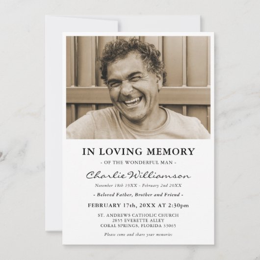 Invitation Photo Minimale En Mémoire Amoureuse Funérailles (Devant)