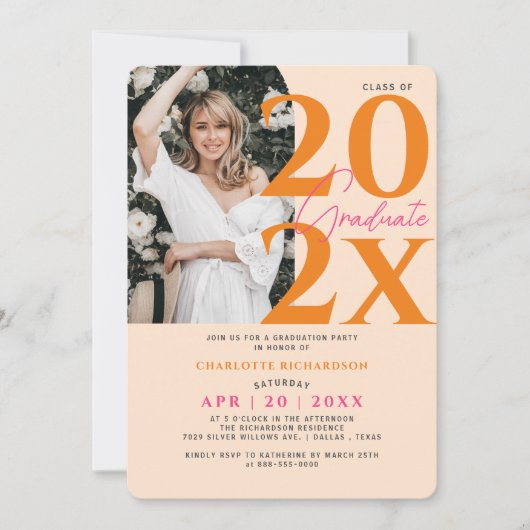 Invitation Photo minimale moderne Orange Girly Graduation Par (Devant)