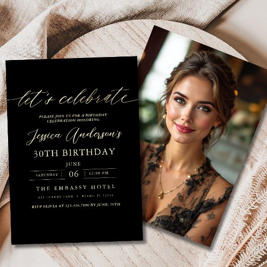 Invitation Photo minimaliste Black Gold Anniversaire