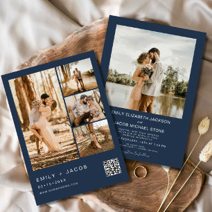 Invitation Photo minimaliste bleu marine Code QR Mariage