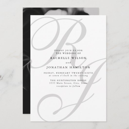 Invitation Photo minimaliste chic noir Mariage Monogramme bla (Devant / Derrière)