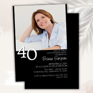 Invitation Photo minimaliste moderne noir 40e anniversaire