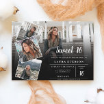 Invitation Photo minimaliste moderne noir et blanc Sweet 16<br><div class="desc">Photographie minimaliste moderne noir et blanc Sweet 16 anniversaire invitation avec calligraphie script tendance,  ajoutez 5 de votre photo préférée dans un style de collage grille. Aménagement paysager</div>