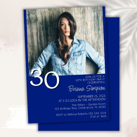 Invitation Photo minimaliste Royal Blue moderne 30e anniversa
