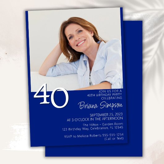 Invitation Photo minimaliste Royal Blue moderne 40e anniversa